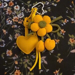 Yellow Floral Keychain with Heart Charm
